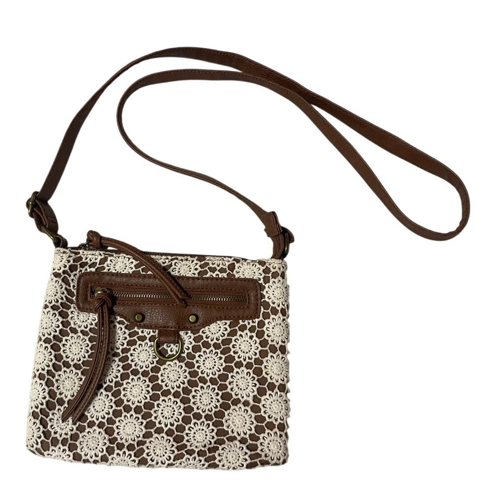 Y2K Floral Crochet Faux Brown Leather Cross Body Small Purse